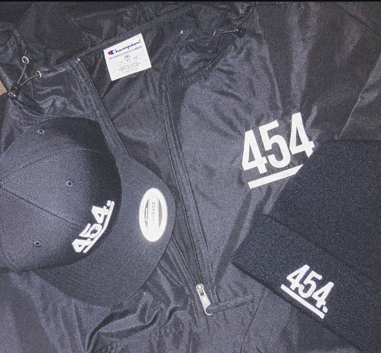 454 merch — jacket, snapback & beanie