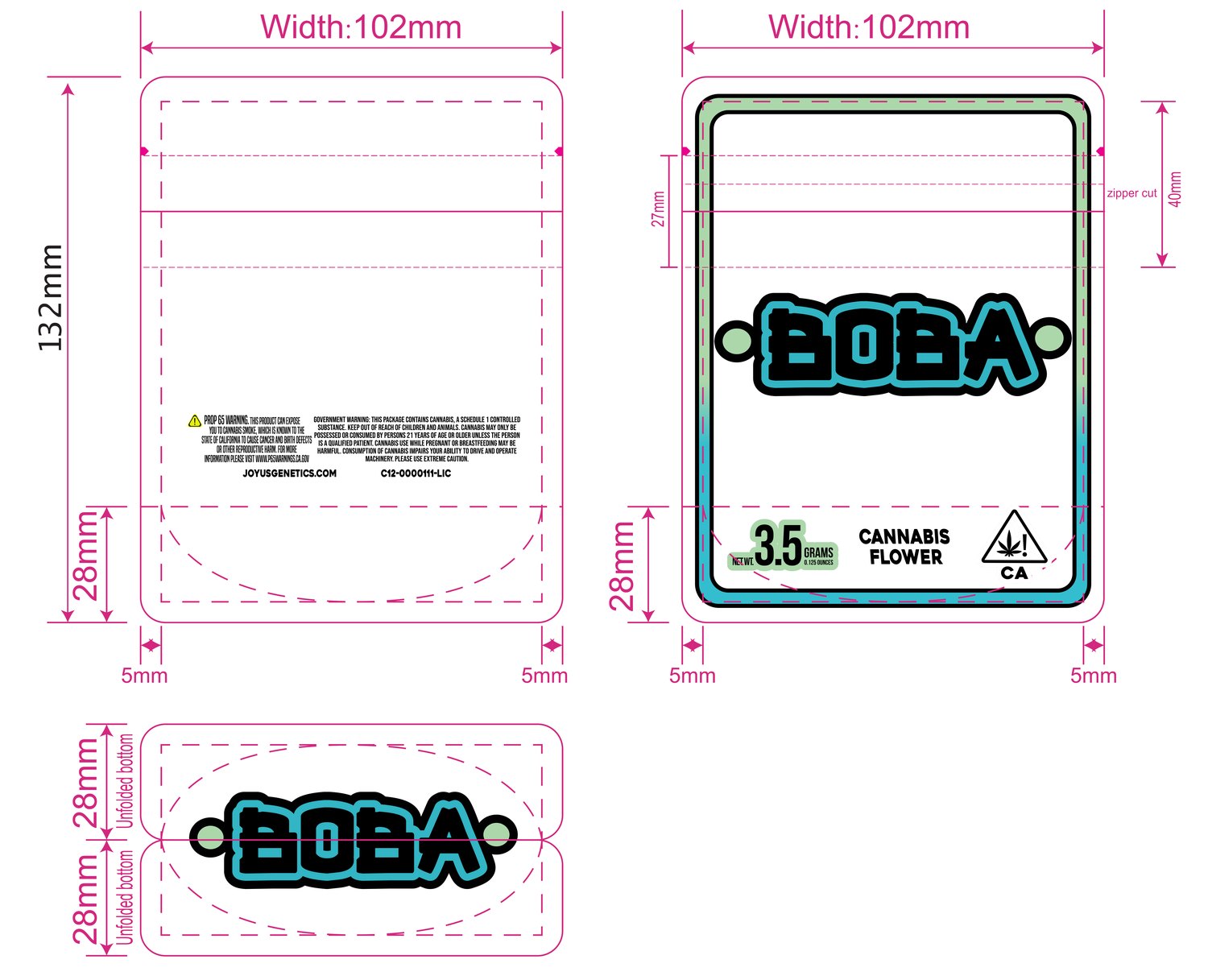 BOBA mylar bag — blue colorway dieline