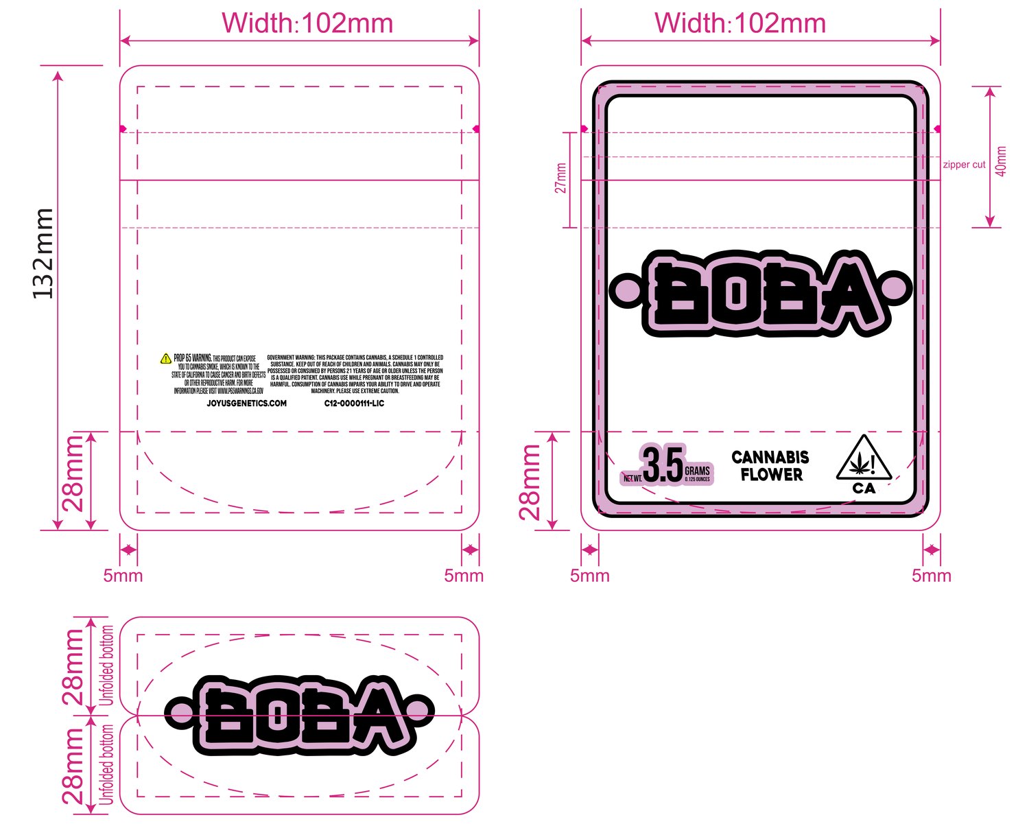 BOBA mylar bag — pink colorway dieline