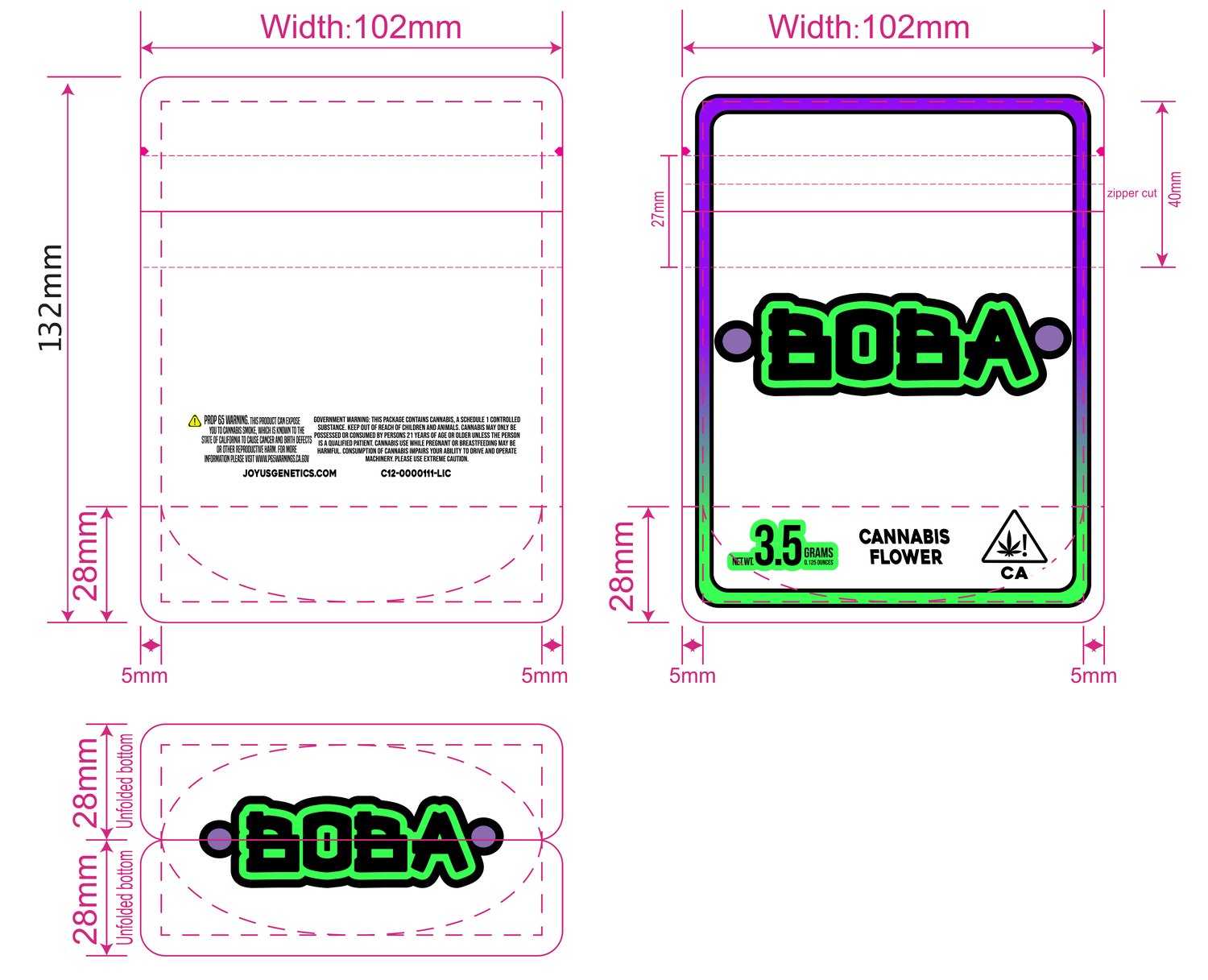 BOBA mylar bag — purple-green colorway dieline