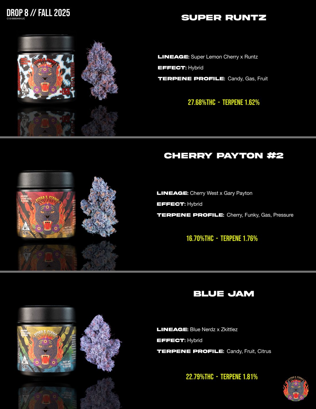 Flora & Flame Drop 8 menu — strain detail page
