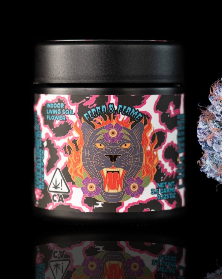 Flora & Flame jar — packaging on shelf